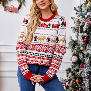 Women's Round Neck Christmas Snow Pattern Embroidered Sweater - 1 of 4