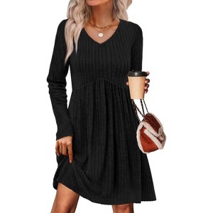 Long Sleeve V-Neck Sweater Dress 2025, Women's Empire Waist Babydoll Fall Dress with Pockets Black - 1 of 4