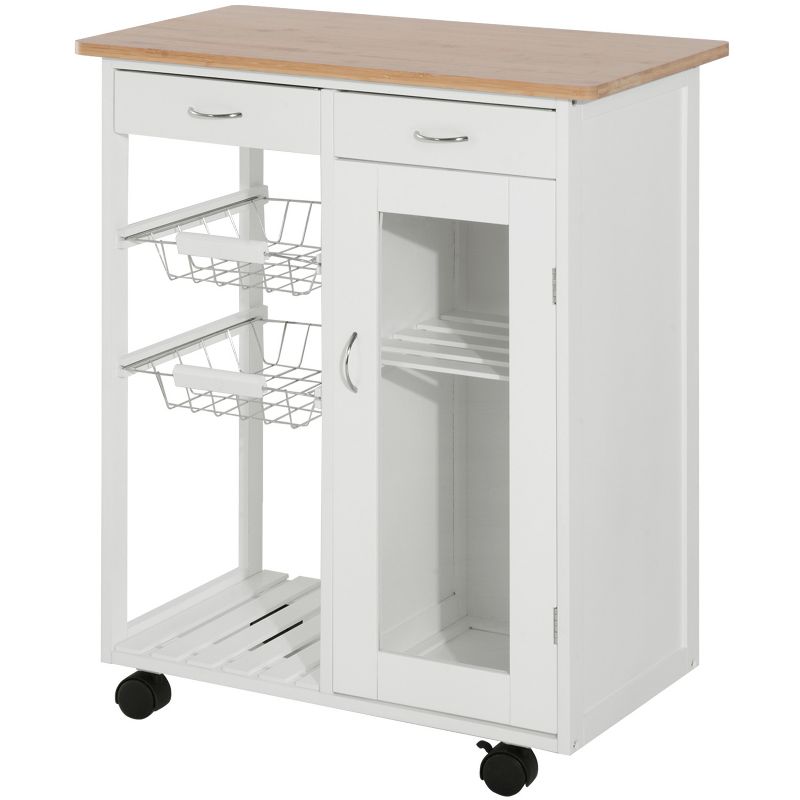 HOMCOM 28" Rolling Kitchen Trolley Serving Cart Storage Cabinet Bamboo Top with Wire Basket & Door Cabinet & Drawers, White, 4 of 9