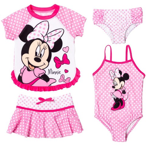 Disney Minnie Mouse Little Girls One Piece Bathing Suit Rash Guard Modest Swimsuit Skirt and Bottom 5 Set 5-6