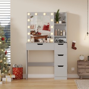 Vanity Desk with Mirror & Power Outlet, 3 Lighting Colors Vanity Desk with 4 Drawers & 12 Bulbs, Modern Dressing Table for Bedroom - 1 of 4