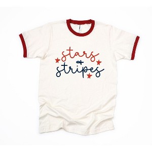 Simply Sage Market Women's Patriotic Stars and Stripes Cursive Short Sleeve Ringer Tee - 1 of 3