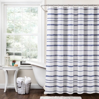 72"x72" Stripe Clip Jacquard Shower Curtain White/Navy - Lush Décor