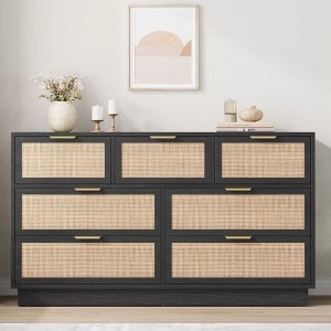 Rattan 7 Drawer Dresser, 55in Wide 7 Chest of Drawers with Metal Handles and Wooden Sturdy Base for Bedroom Living Room Nursery - 1 of 4