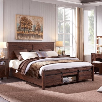 Queen Size Storage Beds with Headboards & Sliding Door Storage Cabinets, Farmhouse Wood Bed with Solid Wood Slats Support, Noiseless