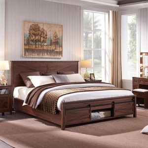 Queen Size Storage Beds with Headboards & Sliding Door Storage Cabinets, Farmhouse Wood Bed with Solid Wood Slats Support, Noiseless - 1 of 4