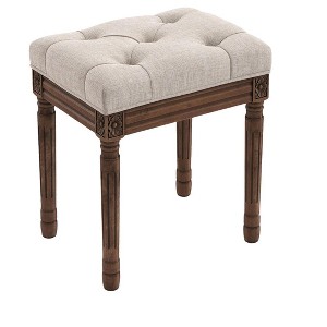 Itopfox Upholstered Fabric Vanity Bench Seat, Makeup Stool, Square Tufted Ottoman with Carved Dark Brown Legs for Bedroom Living Room, Linen - 1 of 4