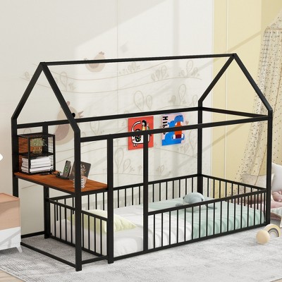 Full/Twin Size Platform Bed, Metal House-Shaped Toddler Bed Frame with Built-in Desk, Storage Shelves & USB Charging Station -ModernLuxe