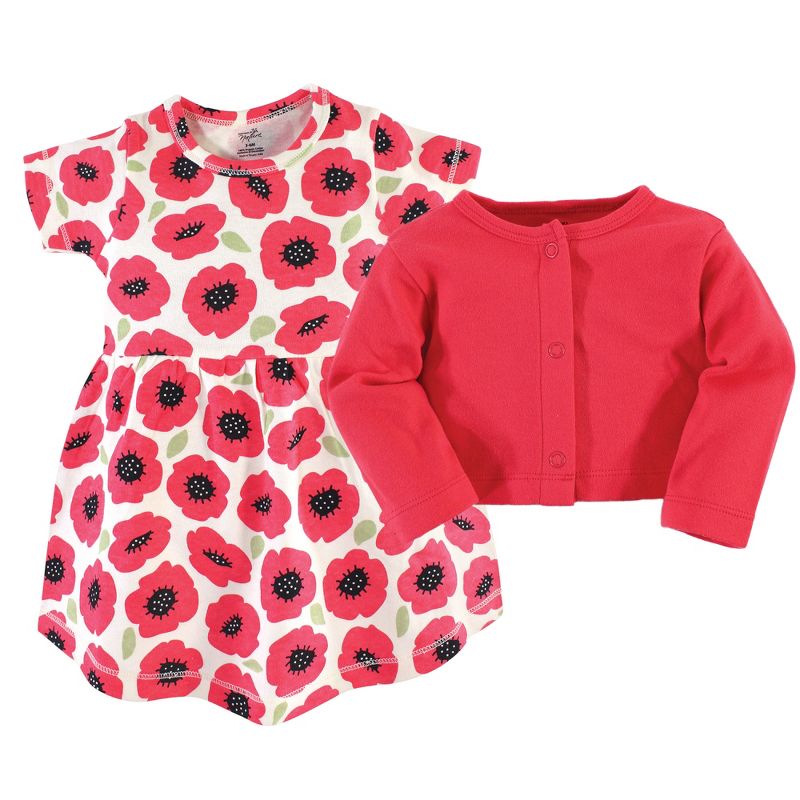 Touched by Nature Baby and Toddler Girl Organic Cotton Dress and Cardigan 2pc Set, Poppy, 3 of 6