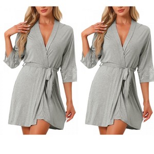 INSPIRE CHIC Women's 2 Pcs Lightweight Knit Cotton Short Robe Sleepwear with Pockets - 1 of 4