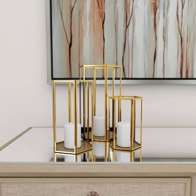 Gold Iron and Glass Hexagonal Candle Lantern Set
