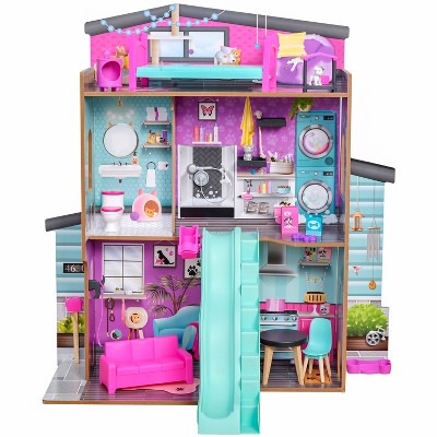 Doll House Dream House Furniture Pink Girl Toys with 3 Dolls Toy Figures  Slide