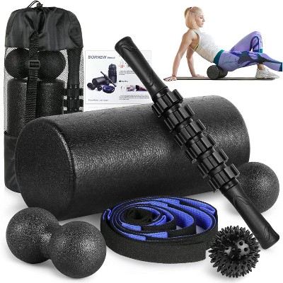 Foam Roller Set - High Density Back Roller, Muscle Roller Stick,2 Foot Fasciitis Ball, Stretching Strap, Massager Ball for Whole Body Physical Therapy