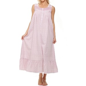 ADR Women's Cotton Nightgown, Sleeveless Lace Trimmed Button Up Long Vintage Night Dress Gown - 1 of 4