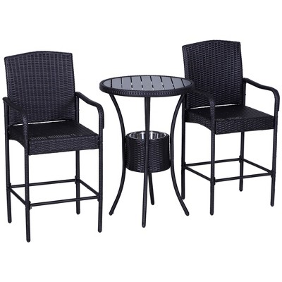 DOMETOUR Outsunny 3-Piece Rattan Bar Set with Ice Buckets, Table & Stools for Patio, Poolside, Backyard