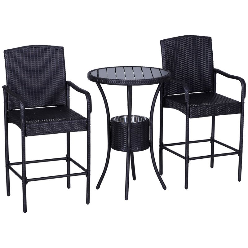 Outsunny Rattan Wicker Bar Set for 3 PCS with Ice Buckets, Patio Furniture with 1 Bar Table and 2 Bar Stools for Poolside, Backyard, Porches, 1 of 10