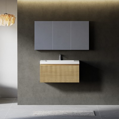 Christopher Knight Home Annabelle Modern Wood Striped Wall-Mounted Bathroom Vanity with Soft-Close Drawer and Quartz Sand Basin