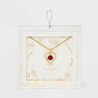 Valentine's Day 14K Gold Dipped Rose Mother of Pearl Heart Pendant Necklace - Ivory/Red