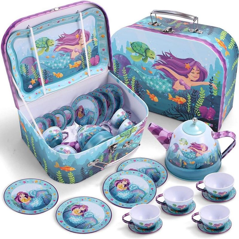 15Pcs Mermaid Tea Party Set for Little Girls with Tin Tea Set + Food & Carrying Case Set for Little Girls, Pretend Tin Teapot Set, Princess Tea Toy, 1 of 11