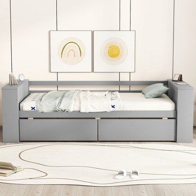 PAGED Twin Size Daybed Modern Wooden Bed Frame with Shelves and 2 Drawers for Bedroom and Living Room