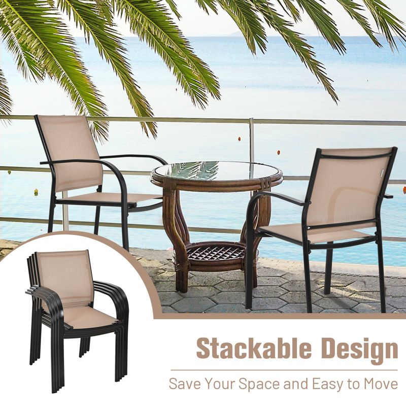 Tangkula 4PCS Outdoor Dining Chairs Stackable Chairs w/Armrests & Breathable Fabric for Balcony Garden & Patio, 5 of 10
