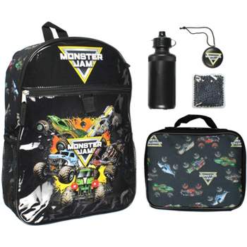 Monster Jam Monster Trucks Backpack Lunch Bag Water Bottle 5 PC Mega Set Black