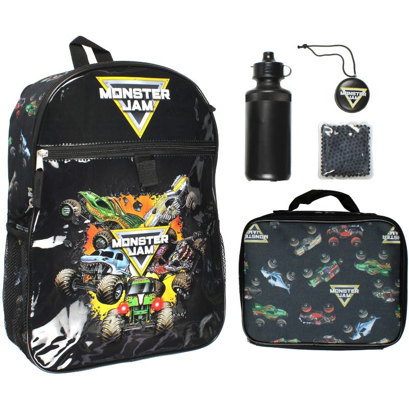 Monster Jam Monster Trucks Backpack Lunch Bag Water Bottle 5 PC Mega Set Black, 1 of 8