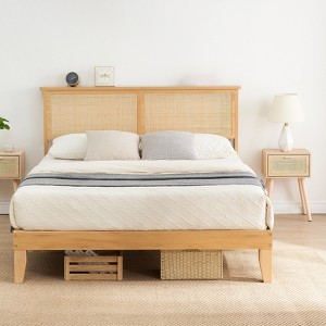 Rattan Full Size Bed Frame, Natural Rattan Headboard, with LED Lights, Under Bed Storage and Wooden Legs Support, Noise-Free, No Box Spring Needed - 1 of 4