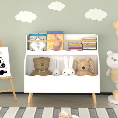 White kids book organizer with stuffed animals in a room