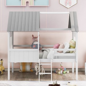 NicBex Twin Size Loft Bed House Shape Pine Low Bed Frame with Roof, Windows, Inclined Ladder and Guardrail, No Box Spring Required - 1 of 4