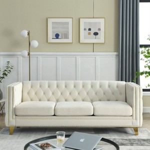 TiramisuBest Velvet Sofa for Living Room,Tufted Square Arm Couch, Modern Couch Upholstered Button and Metal Legs, Sofa Couch for Bedroom, Beige - 1 of 4