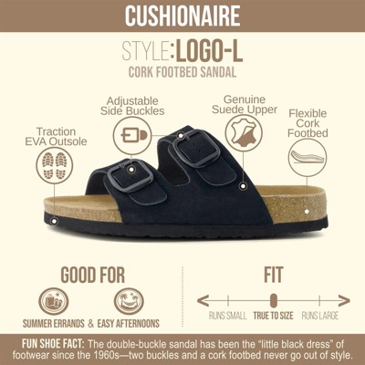 CUSHIONAIRE Logo 100% Genuine Leather Suede Slides for Women, Cushioned Cork Footbed Womens Sandals with Adjustable Buckles and Memory Foam