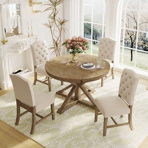 Whisen Retro Style Dining Table Set with Extendable Table and 4 Upholstered Chairs - 1 of 4