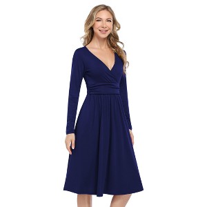 Clearlove Women's Long Sleeve Dress V Neck  Casual Loose Pleated Tiered Maxi Dresses - 1 of 4