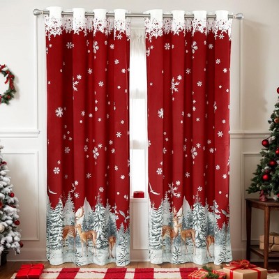 Christmas Reindeer Velvet Curtains 2 Panels, Long Red Window Curtains, Holiday Decoration Curtain, Thermal Insulated Room Darkening Curtain
