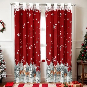 Christmas Reindeer Velvet Curtains 2 Panels, Long Red Window Curtains, Holiday Decoration Curtain, Thermal Insulated Room Darkening Curtain - 1 of 4