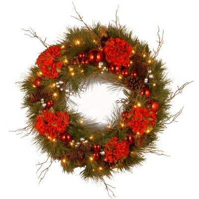 24" Prelit LED Hydrangea Artificial Wreath Warm White Lights - National Tree Company