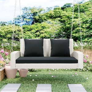 Whisen 2-Person Wicker Hanging Porch Swing Rattan Swing Bench with Chains, Cushion and Pillow - 1 of 4