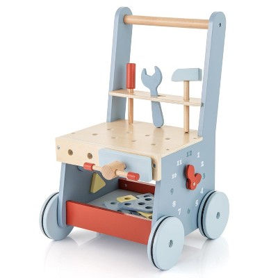Infans Baby Push Walker, Wooden Toy Tool Bench & Activity Walker w/Shape Sorter, Push Toys for Babies Learning to Walk Blue