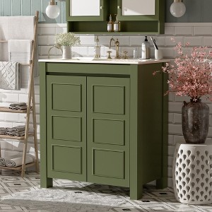 APRILSOUL 30" Rustic Bathroom Vanity with Ceramic Sink, Soft-Close Doors & Adjustable Shelf, Espresso Storage Cabinet - 1 of 4