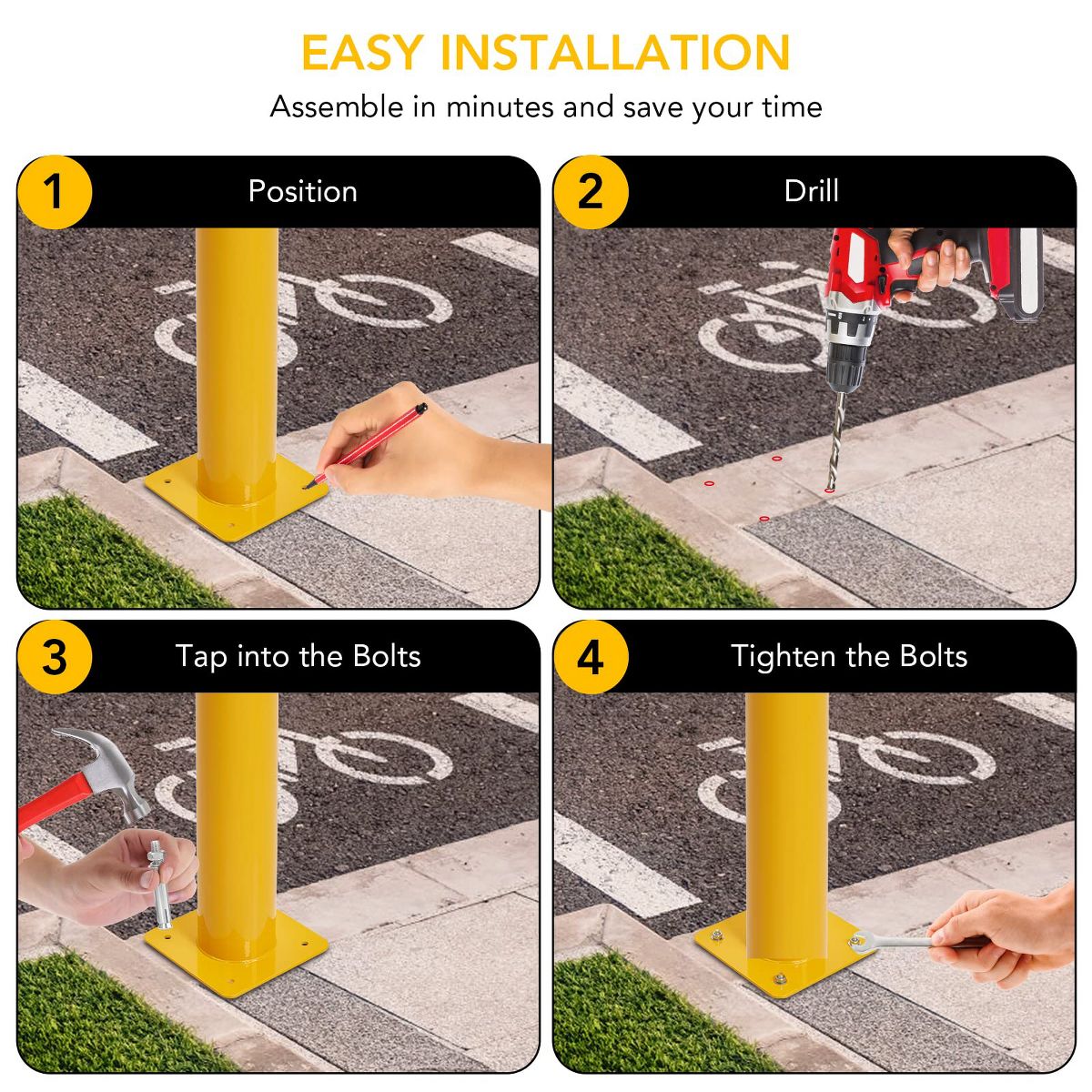2 Packs 42in Safety Bollard Post,4.5in Diameter Yellow Steel Traffic Bollard with 8 Anchor Bolts, Parking Pole for Driveway Barrier Traffic Control - thumbnail 5
