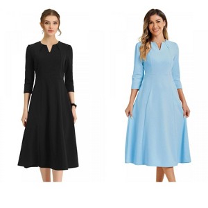 Allegra K Women's Elegant Split Neck Side Zipper Pockets 3/4 Sleeve Work A-Line Dress 2 Packs - 1 of 4