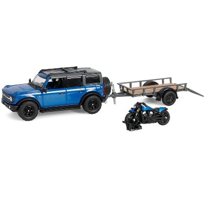 2021 Ford Bronco Black Diamond Velocity Blue Met. with Black Top w/Trailer and Motorcycle 1/64 Diecast Model Cars by Greenlight