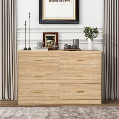 Jump Into Fun Simple Style 6-Drawer Dresser  With Gold Handles Sturdy Frame Modern Wide Chest Of Drawers Easy To Assemble For Living Room