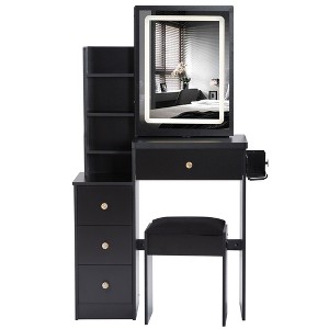 Vanity Desk with LED Mirror, 3 color LED, Power Outlet, Cushioned Stool, Left Bedside Cabinet, and Hair Dryer Bracket for Bedroom - 1 of 4