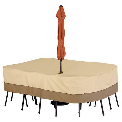 Veranda Large Rectangular/Oval Patio Table Set Cover with Umbrella Hole - Light Pebble - Classic Accessories