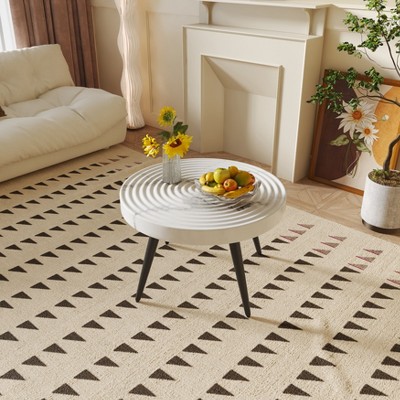 31-inModern farmhouse-style living room coffee table, round table with natural finish, white marble style