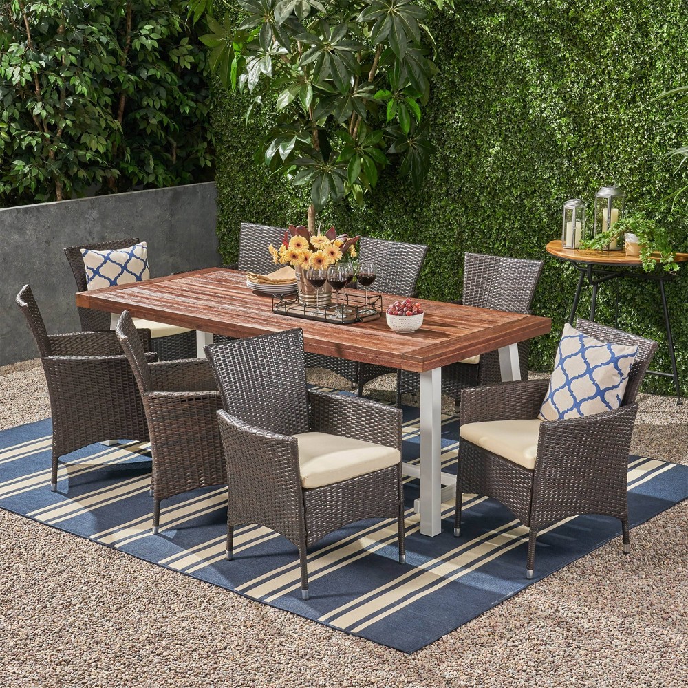 Flamingo 9pc Wood and Wicker Dining Set Dark Brown/Multibrown/Beige - Christopher Knight Home