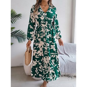 Coolmee Women Floral Deep V Neck Long Sleeve A Line High Waist Flowy Ruffled Midi Dress Summer Beach Dress - 1 of 4
