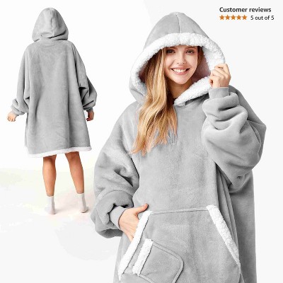 Joyfy Adults Wearable Blanket Hoodie for Women Men Giant Pocket Sleeves FlaWarm Oversized Fleece Winter Sweatshirt Blanket Birthday Gift GRAY
